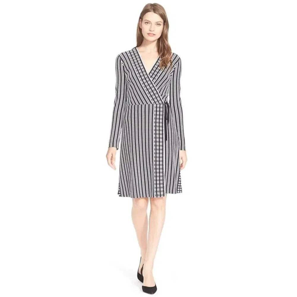B44 Tory Burch Long Sleeve Jacquard Wrap Dress XS Navy Oxford Stripe Work Career